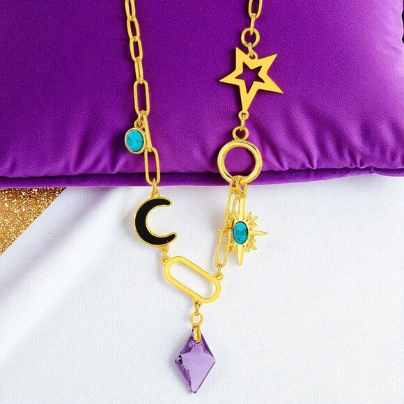 ๐ Boho Celestial Chic 18K Gold Plated Charm Necklace With Star Moon Sun Motifs - Picture 9 of 12